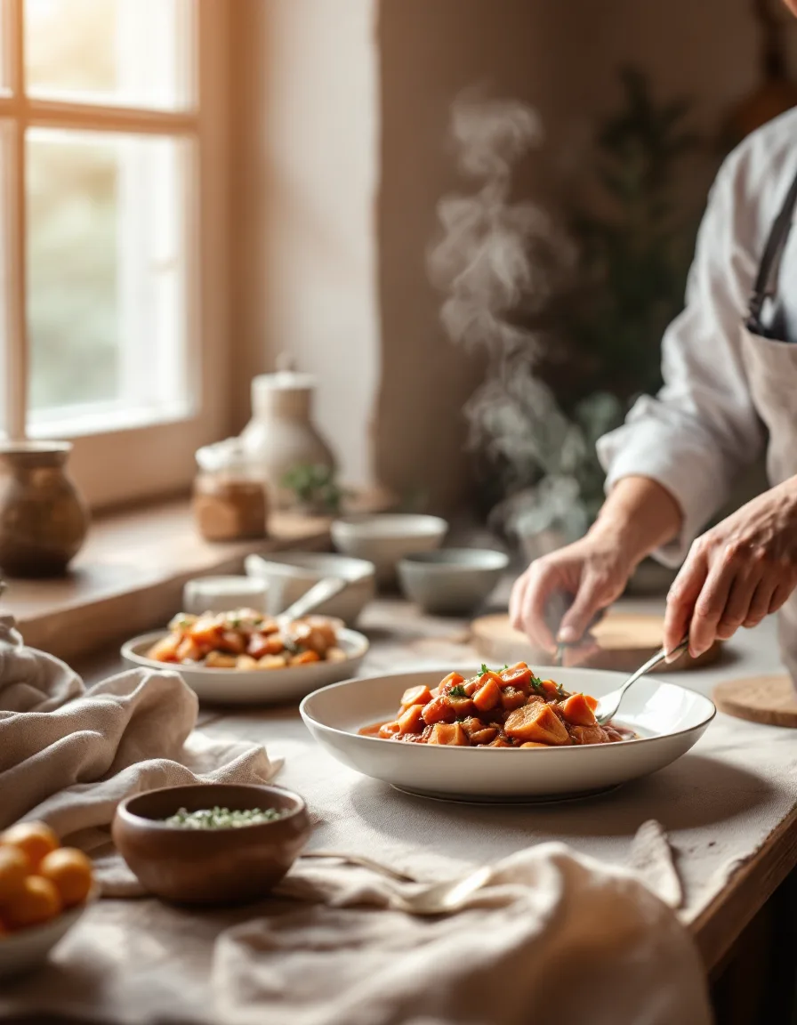 A glossy braised dish being plated under soft window light in the studio