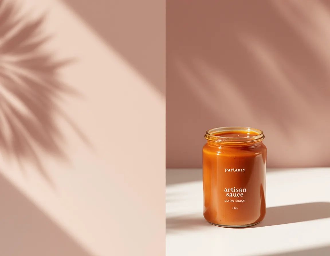 A jar of artisan sauce photographed on a clean sweep