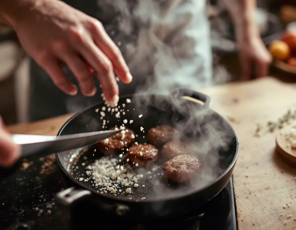 Top-down frame of hands finishing a dish for a recipe video